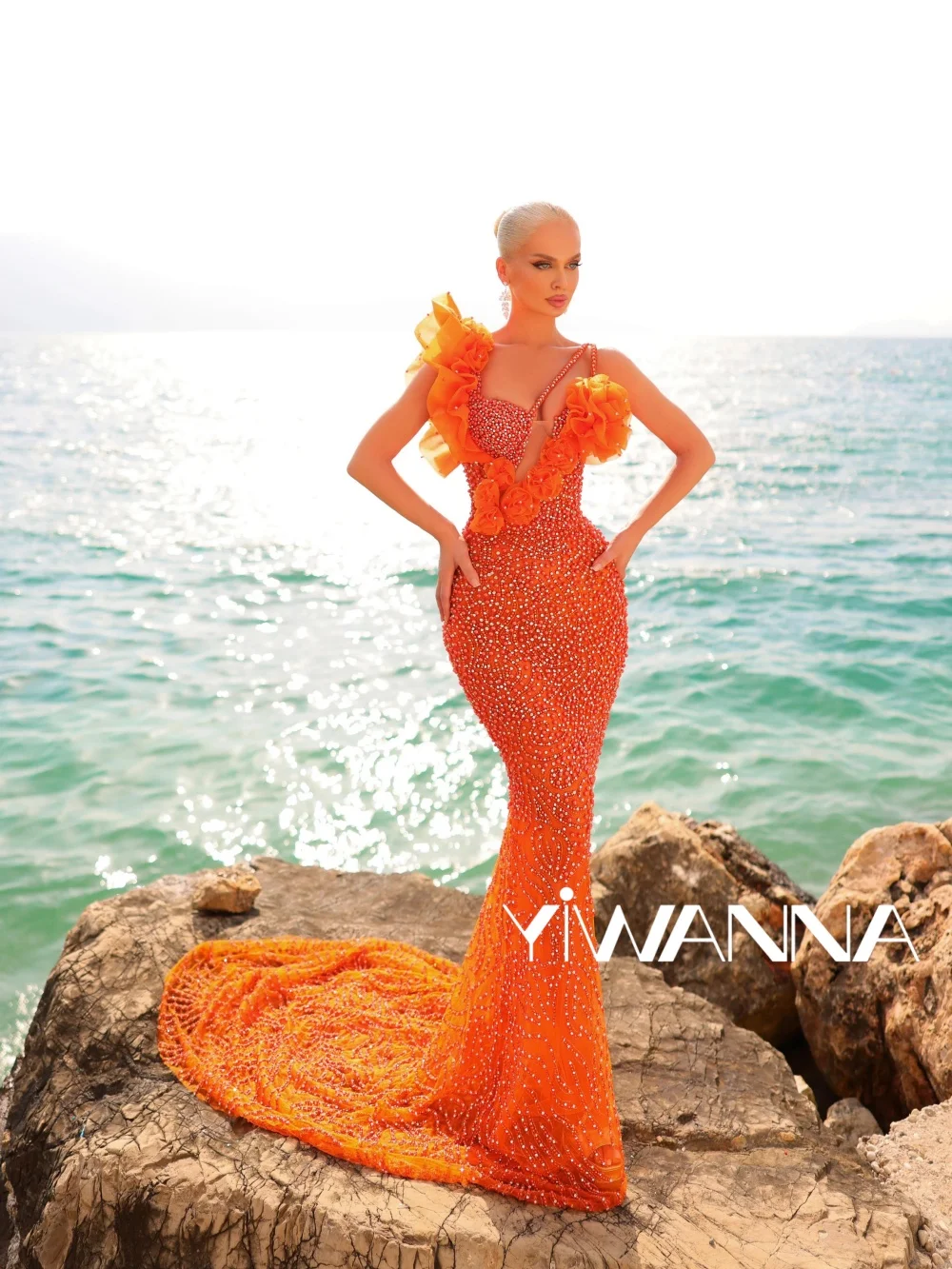 

Orange Exquisite Pearls Crystal Evening Dress Elegant 3D Floral Mermaid Wedding Party Gown Customized Floor-length Prom Dresses