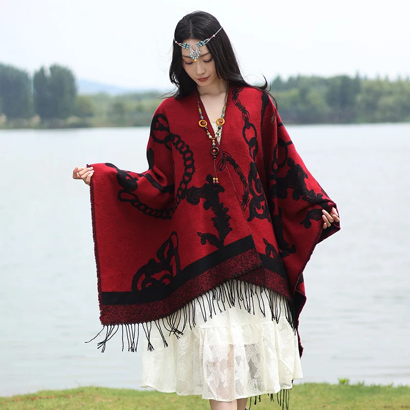 

New Poncho Women's Autumn/Winter Warm Scarf Shawl Cape Fashion Jacquard Tassel Robe Office Warmth Cloak