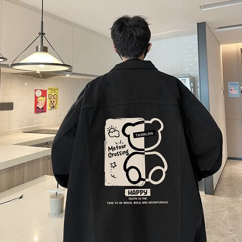 

Loose Fit Cartoon Print Denim Jacket for Men plus Size 300 Pounds Autumn Winter Casual Style Couple Top American Leisure