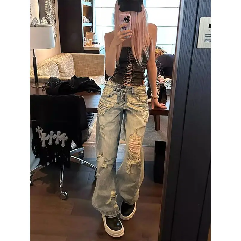 Damskie jeansy vintage z przetarciami w stylu amerykańskim High Street na rok 2025, nowe, z niskim stanem, retro, proste nogawki, spodnie do ziemi, odzież damska.