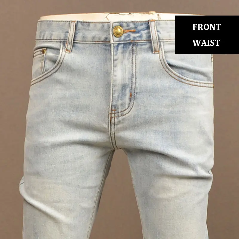 High Street Fashion Men Jeans Retro Light Blue Stretch Skinny Jeans Men Vintage Designer Casual Denim Pencil Pants Hombre