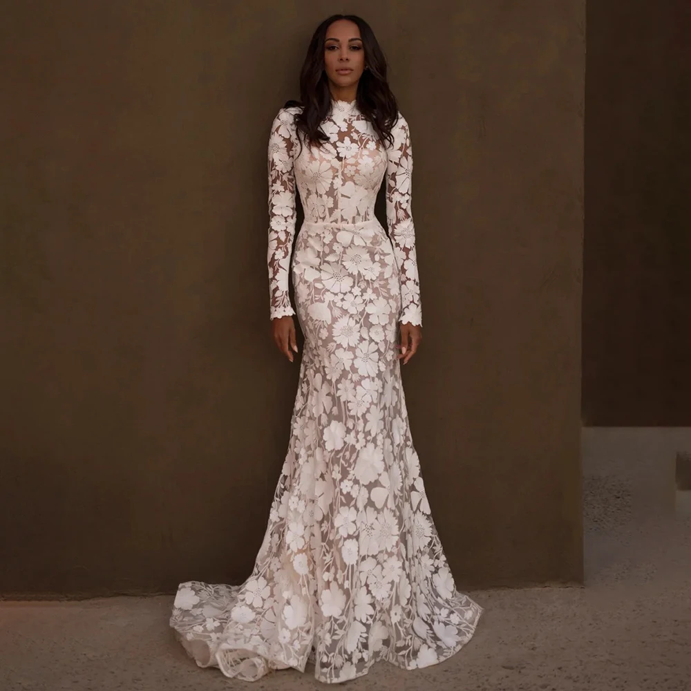 

Boho O-neck Floral Lace Mermaid Long Wedding Dress Long Sleeve Elegant Bridal Dress with Court Custom Made robes de soirée