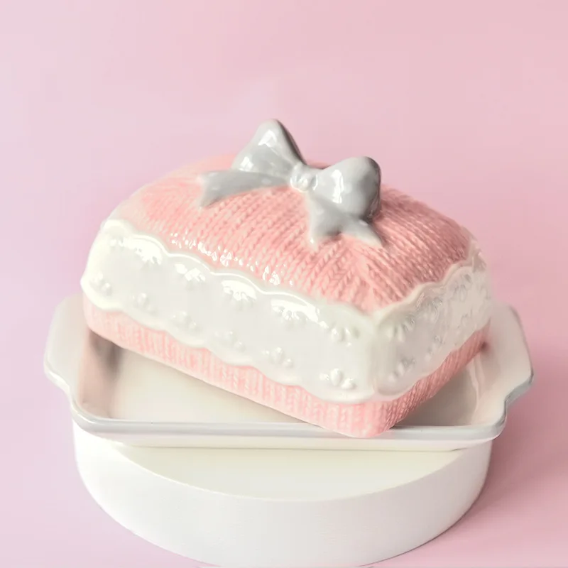 Ceramic Butter Dish with Lid Pink Porcelain Airtight Cheese Keeper Storage Plate Bow Flower Crock Box Container Dishwasher Safe