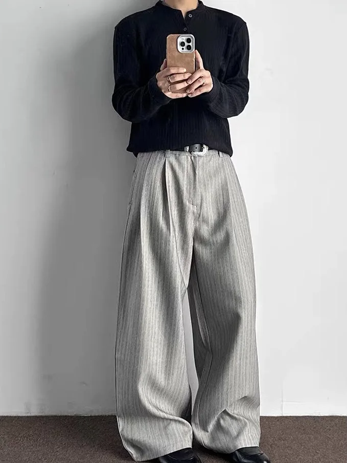 

Американские Sle Ретро Деньги Ветер Двойные Плиссированные брюки в полоску West Мужчины Женщины Свободные широкие повседневные брюки Повседневные Sle