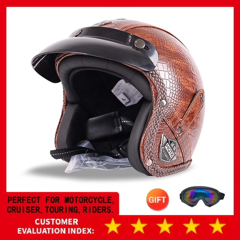 

Retro Motorcycle Helmet 555-Black Plaid Leather Cap Four Seasons Cruise Motorcycle Three-Quarter Helmet Vintage Style