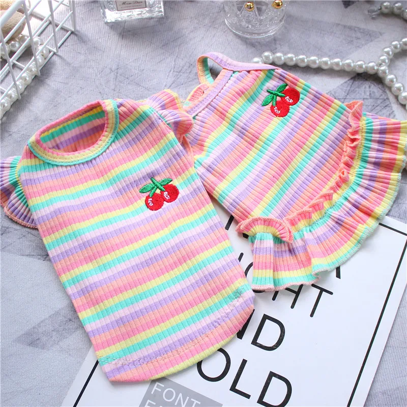 Pet Dog Dress Summer Lace Striped Puppy Vest Dog Clothes Chihuahua Bichon Yorkie Tshirt Cute Cat Skirt Suspenders Dog Costume