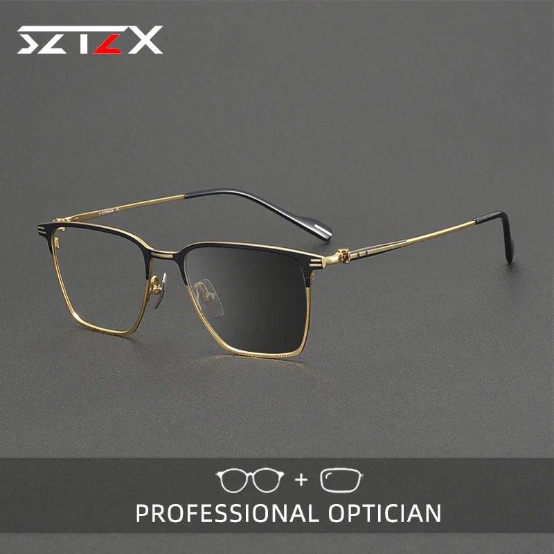 

SZTZX Fashion Pure Titanium Handmade Prescription Glasses Men Business Reading Glasses Anti Blue Light Color Change Glasses70804