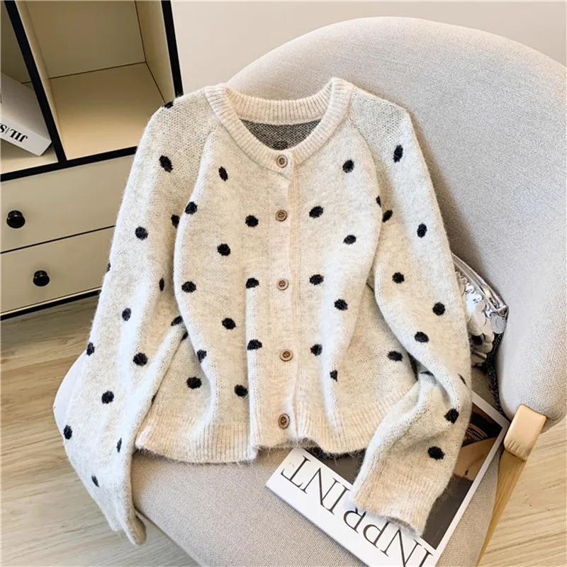 

Korean Dot Printing Knitted Cardigan Sweater Jacket Autumn New Women Round Neck Single-Breasted Long Sleeve Short Knitwear Coat
