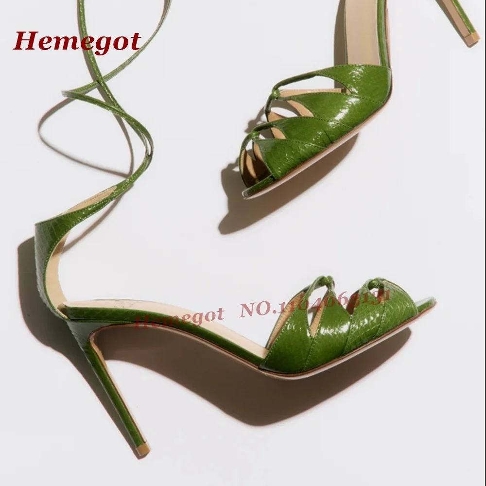 Green Croc-Pattern Strappy Sandals Peep Toe Hollow Out Buckle Strap Stiletto Heels Women's Sandals Summer Elegant Dinner Party view 5
