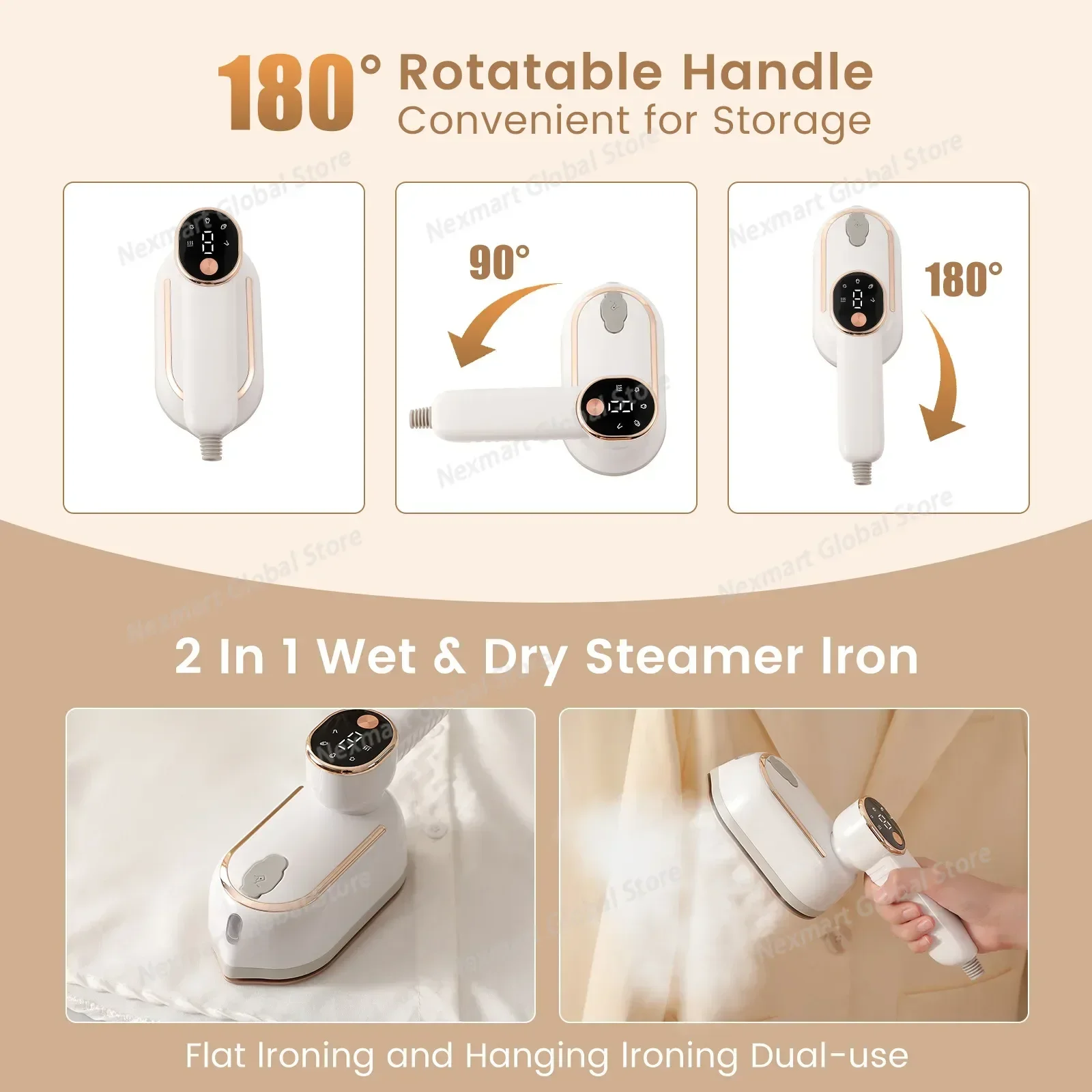 New Portable Handheld Garment Steamer, High Power Foldable Rotatable Electric Iron for Household Clothes Ironing