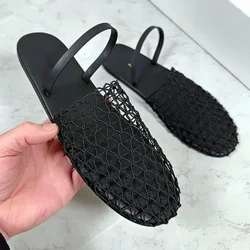 Novelty Mesh Flat Sandals Women Designer Weaving Hollow Breathable Mules Slippers Summer Light Comfort Slingbacks Slide Sandals