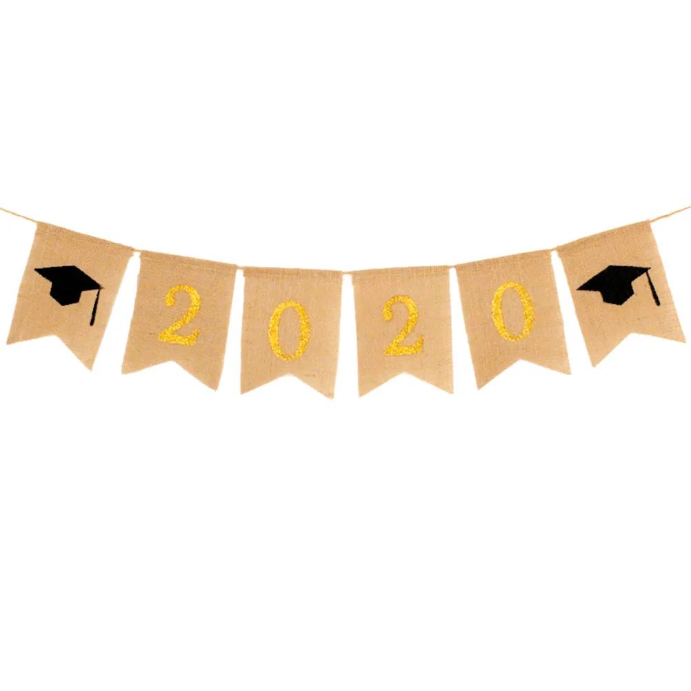 

2 Sets Graduation Doctor Hat Printing Bunting Decoration Linen Swallowtail Banner Golden 2020 Number Garland Flag School Party S
