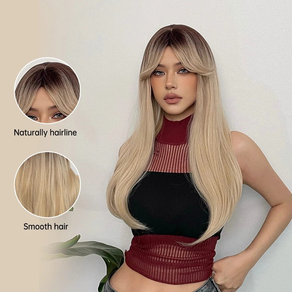 Brown Blonde Ombre Synthetic Wigs Long Straight Cosplay Party Wig with Bangs High Temperature Natural Fake Hair for Women