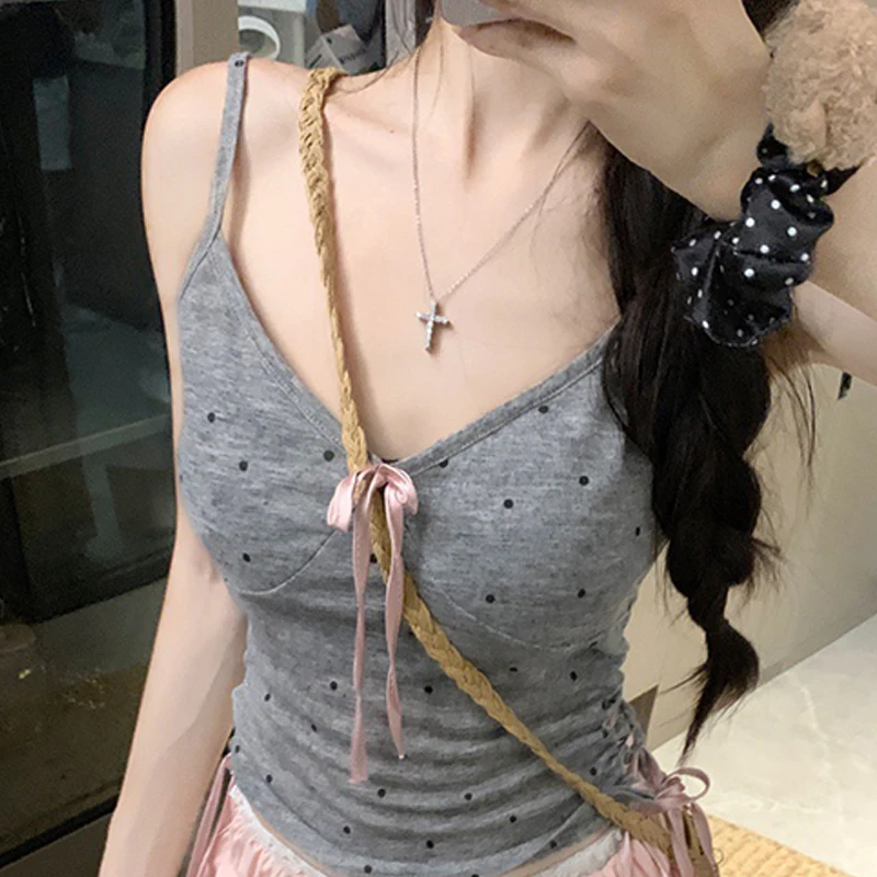 قميص قصير صيفي لطيف على الموضة على شكل فيونكة منقط ورقبة على شكل حرف V وخصر برباط للنساء #3