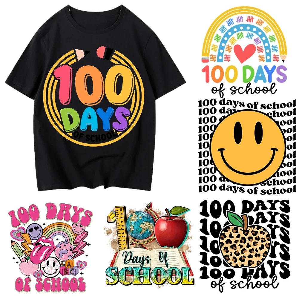 

30cm Heat Transfer Stickers School 100 Days Iron On Clothes DTF Pinted Vinyl Thermal Appliques Washable T-Shirt Decal