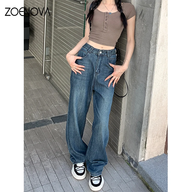 ZOENOVA Maillard 2024 Spring Autumn Fashion Simple Women\'s Jeans Casual Retro Loose Straight Wide Leg Pants Floor Mopping Jean