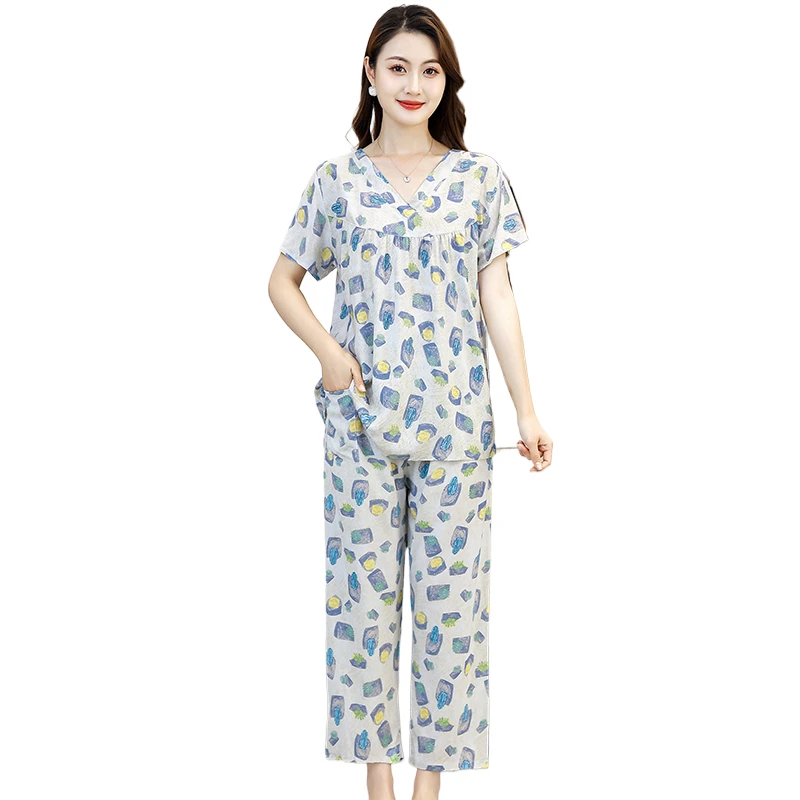 plus size Women\'s Cotton Pajamas Set Short Sleeve Long Pants Kimono Robe Summer Thin Elderly Mom Synthetic Cotton Home Clothing