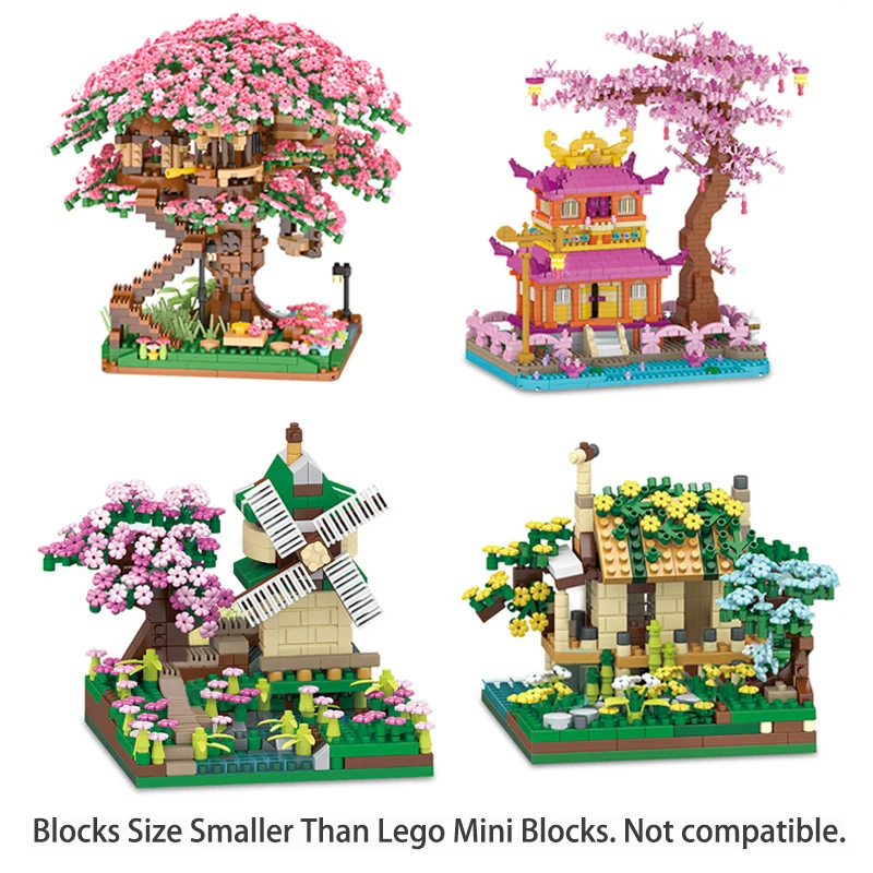 Light Sakura Tree House Model Constructor Micro Building Blocks DIY City Cherry Street View Bricks Christmas Toys for Girls MOC