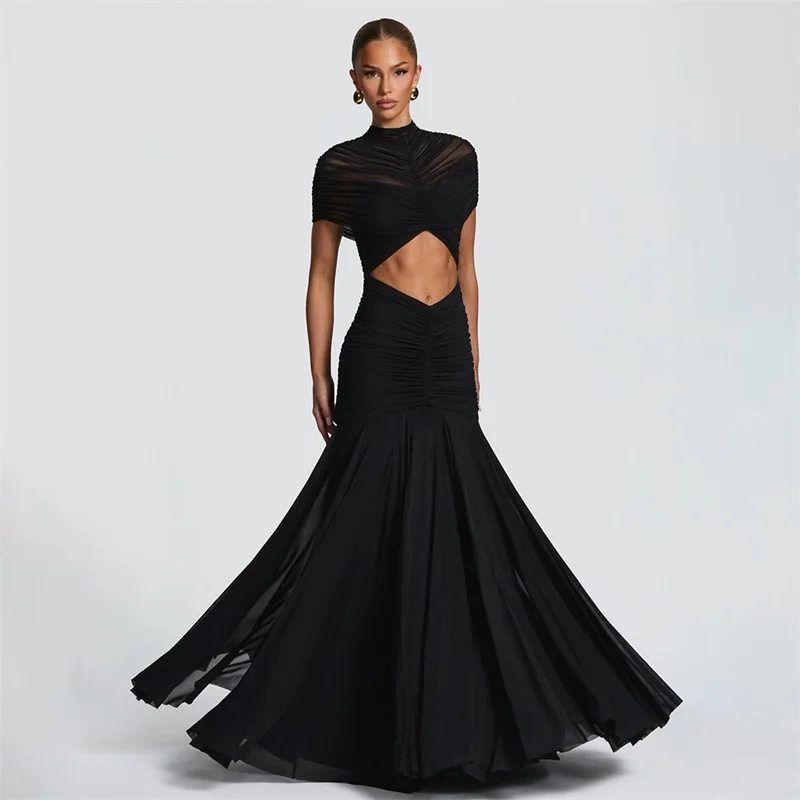 Black Lace Ruffles Prom Dress Sexy Hollow Short Sleeves High Neck Party Gown Formal Wedding Guest Birthday Evening Robe