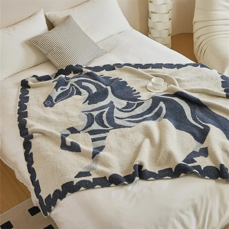 Luxury Plush Horse Pattern Throw Blanket | Soft Cozy Reversible Blanket | Modern Nordic Yellow Blue Warm Tone Sofa Bed Decor