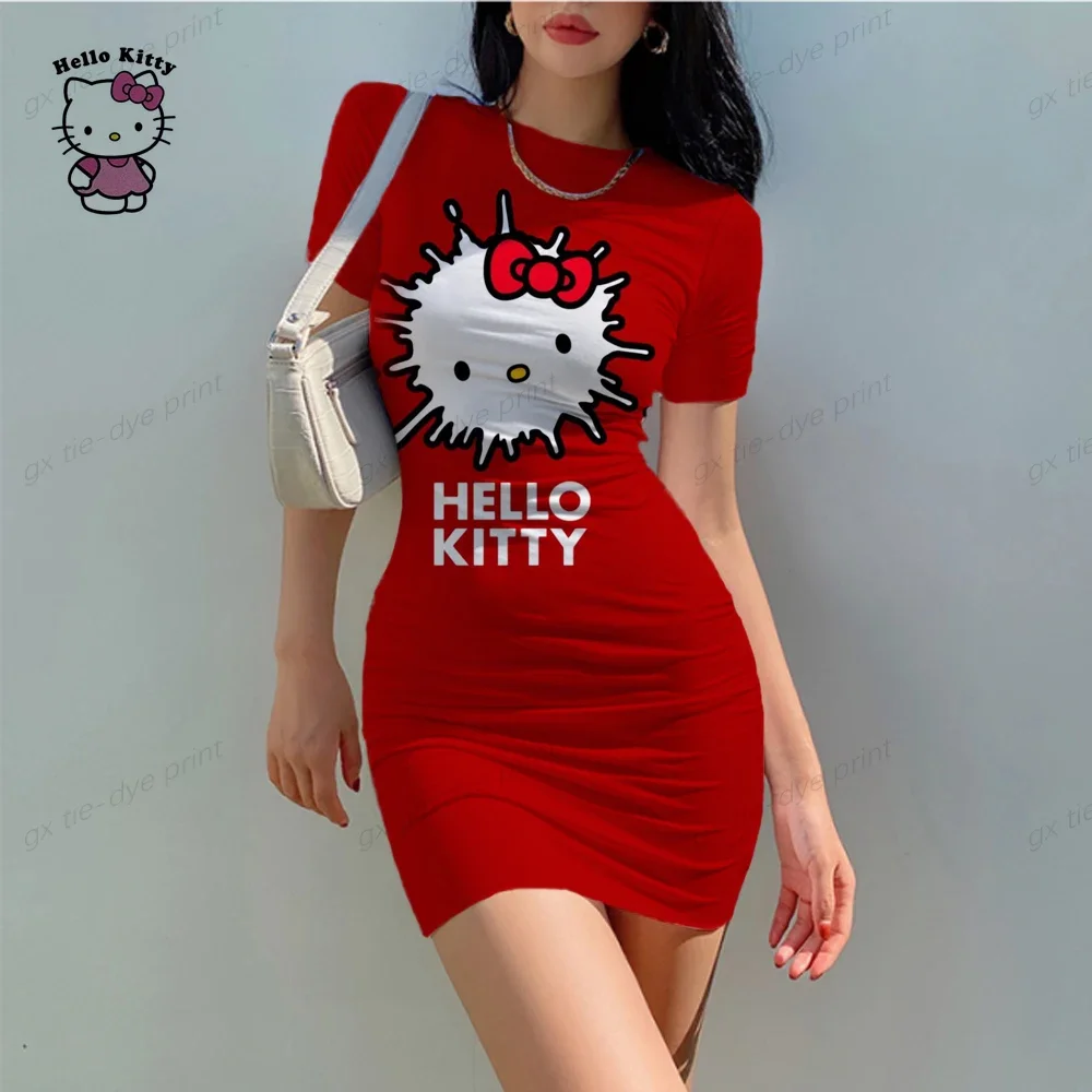 Zomer Mini Jurken Vrouwen Hello Kitty Print Skinny Office Jurk Korte Mouw Bandage Bodycon Party Strandjurk Vestidos Gewaden