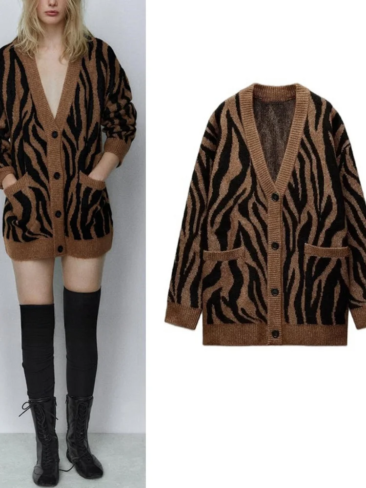 Autumn Winter New Sle Women's Wild Faion Animal Print V-ne Long Sve Knitted Knitwear Jaet Simple Commute Sle