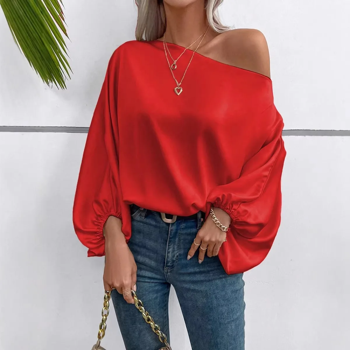 

2026 Summer Women's New Fashionable and Comfortable Off-Shoulder Satin Shirt Loose Asymmetric Top