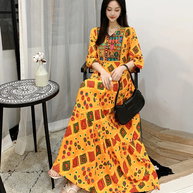 Abito lungo da spiaggia estivo Boho Abito da donna maxi abito da vacanza in cotone stampato stile etnico allentato casual