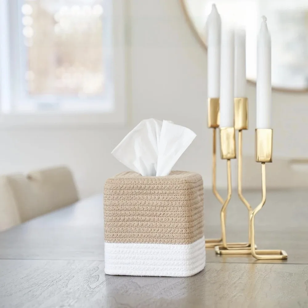 Multi-functional Rustic Woven Tissue Box Hand-woven Cotton Thread Minimalist Tissue Box Square Decorative Roll Holder Office