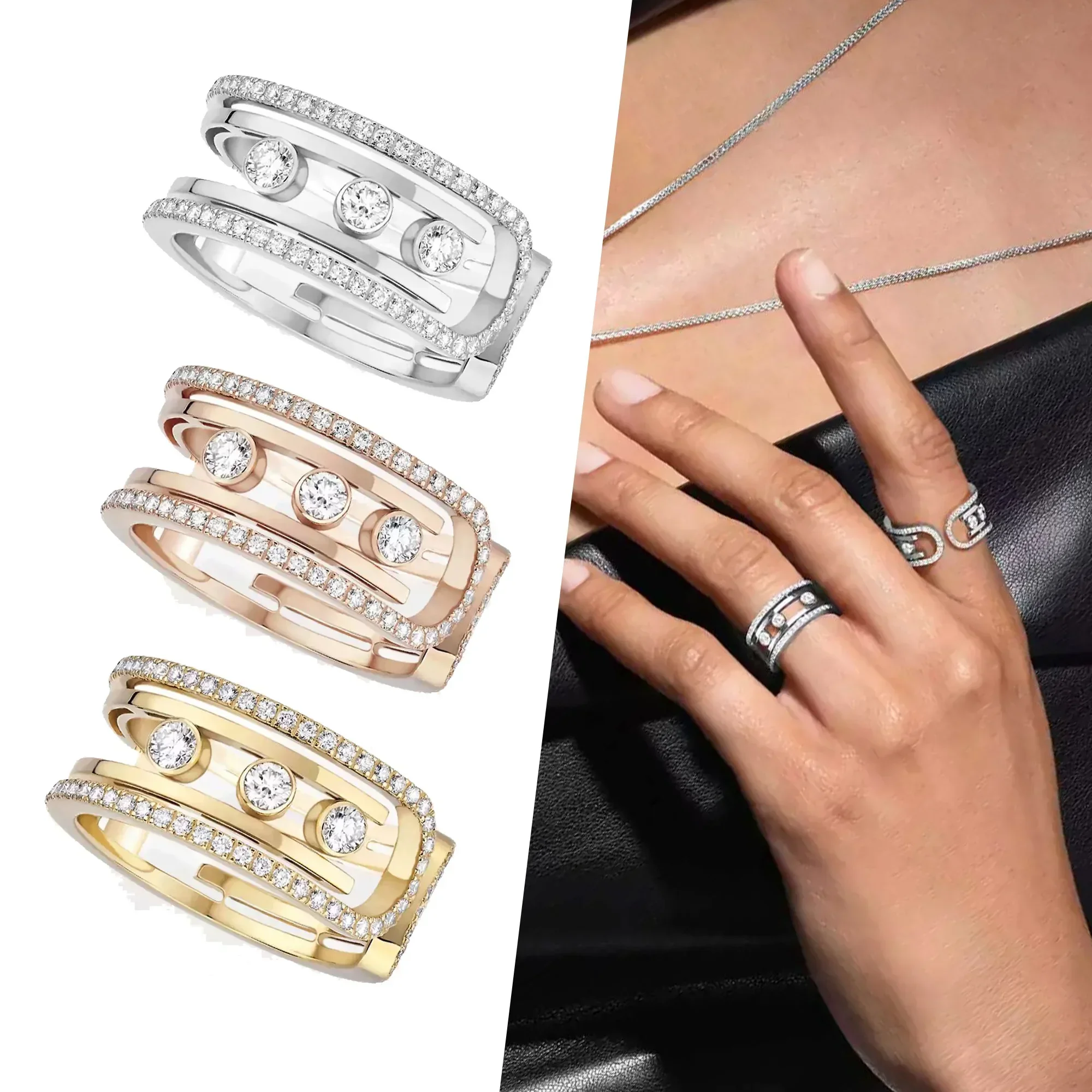 

2025 New Sterling Silver s925 Messik MOVE 10TH Series Asymmetric Sliding Diamond Personalized Women's Ring