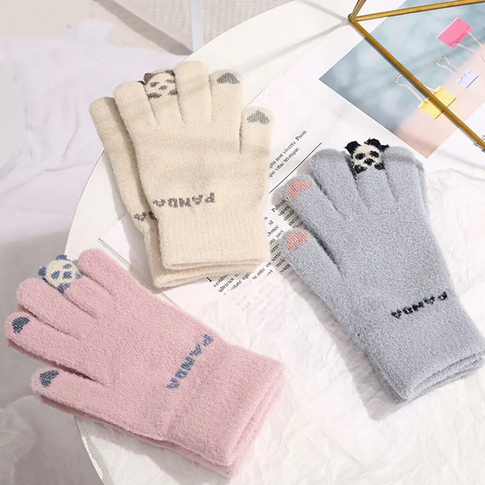 

Thick Simple Letter Women Panda Elastic Touch Screen Gloves Female Gloves Driving Gloves Wool Mittens