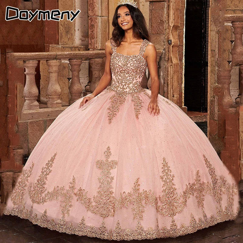 

Doymeny Appliques Sparkling Tulle Quinceañeras Dresses Floor Length Vestidos De 15 Beaded Años Birthday 16 فساتين