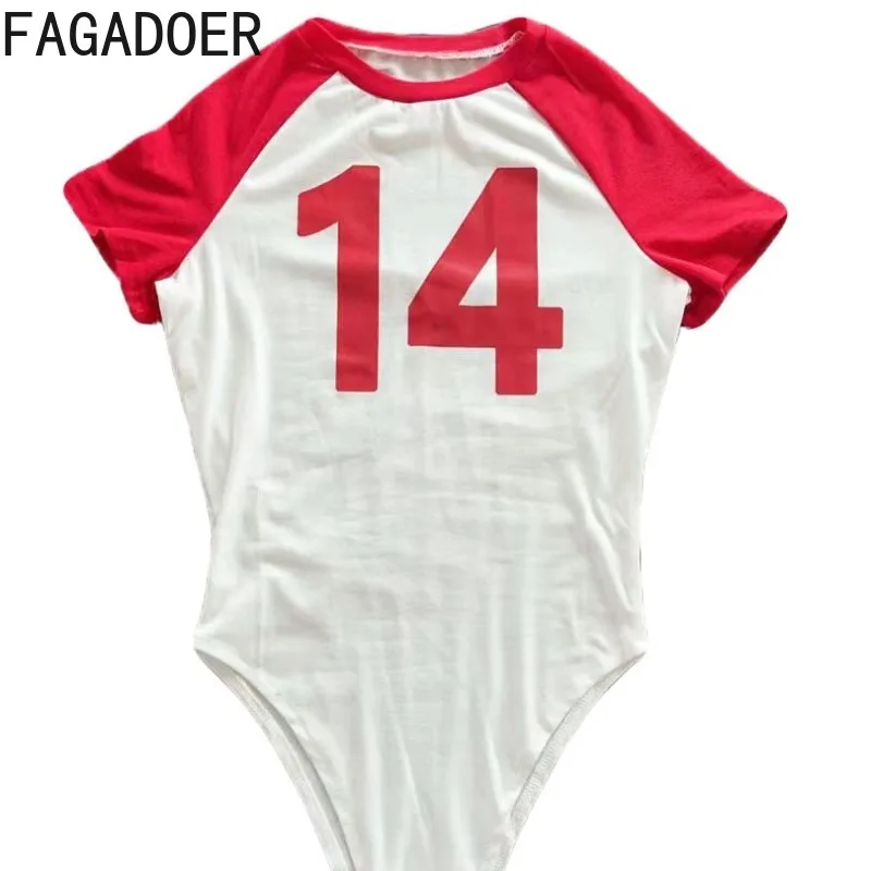 FAGADOER Fashion Letter Print Bodycon Rompers Women Short Sleeve O Neck Patchwork Bodysuits Jumpsuits Female Streetwear Overalls