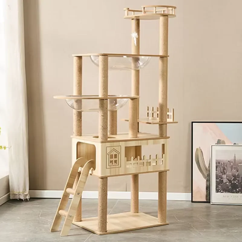 Factory Custom Hoopet Luxury Corrugated Paper Space Bed Wooden Cat Tree Scratching Tower Apartment Pet Furniture for Cats