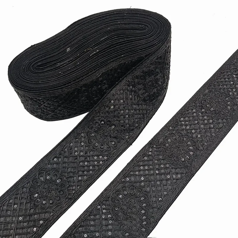 1 Yards Sequin Black Fabric Ribbon Lace Trims Floral Decorative Embroidered for Handmade Supplies Garments Headdress Sewing