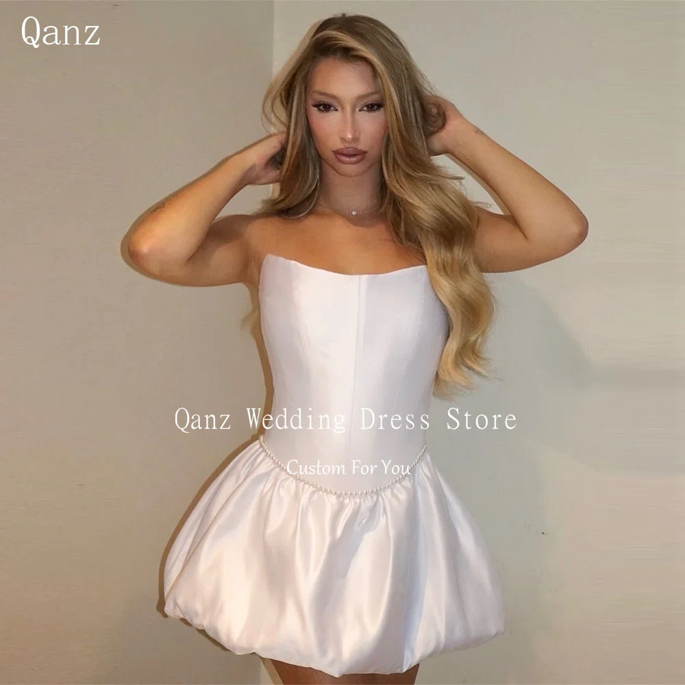 

Qanz White Soft Satin Wedding Dress Mini A Line Strapless Pearls Short Puffy Vestido De Novia Boda Bridal Gowns Customized
