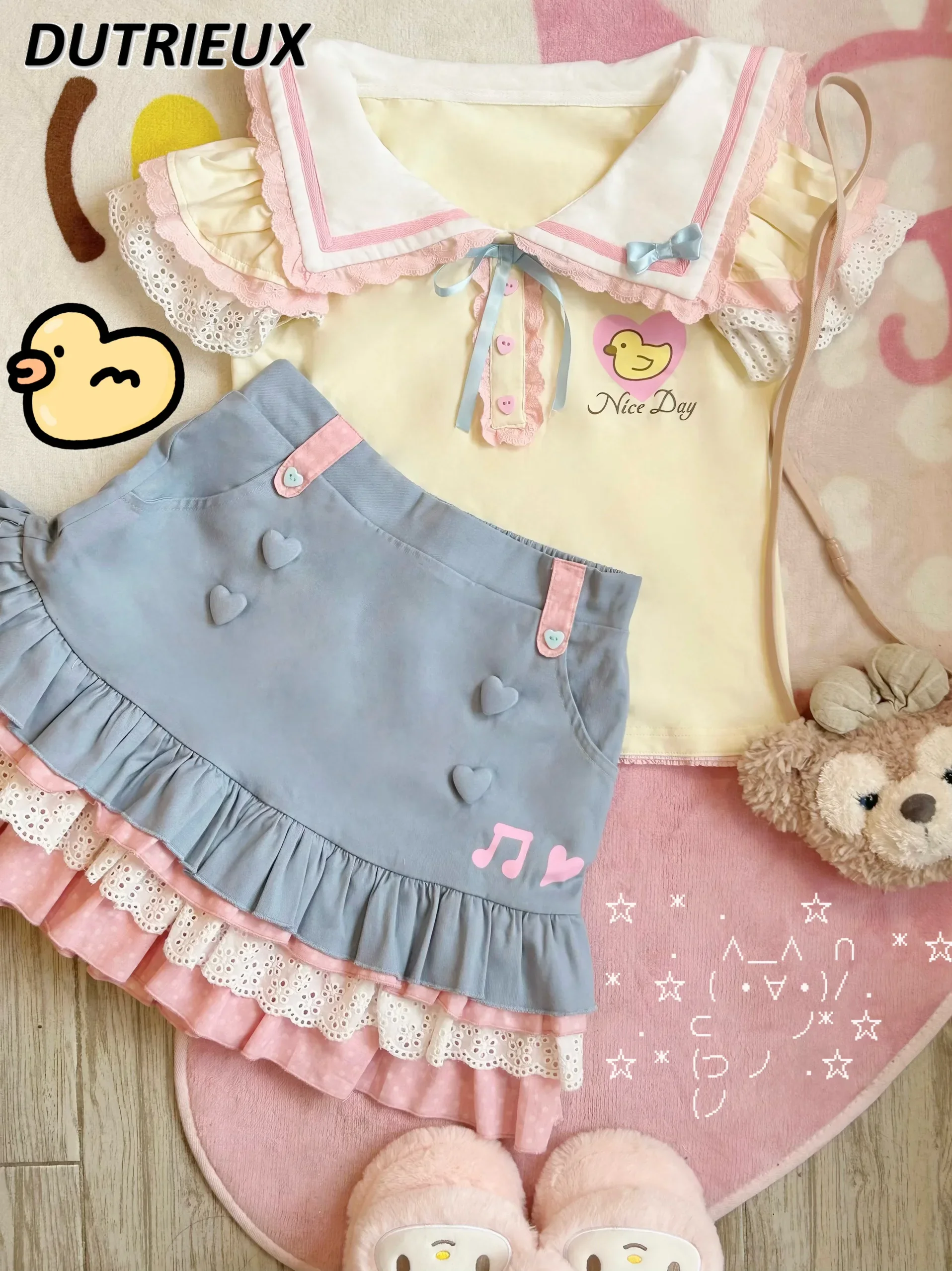 

Kawaii Sweet Girl Original Cartoon Embroidery Sailor Collar Pink Lace-Collared Tops Short T-shirt Polka Dot Mini Cake Skirts