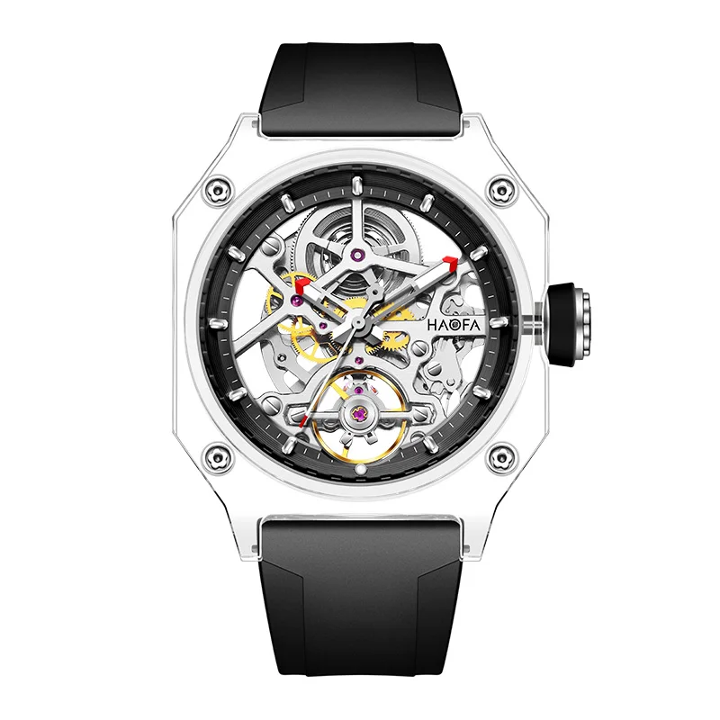 Haofa Crystal Transparent Automatic Watch for Men Luxury Hollowing Waterproof Luminous Mechanical Square Mens Watch Casual 2208