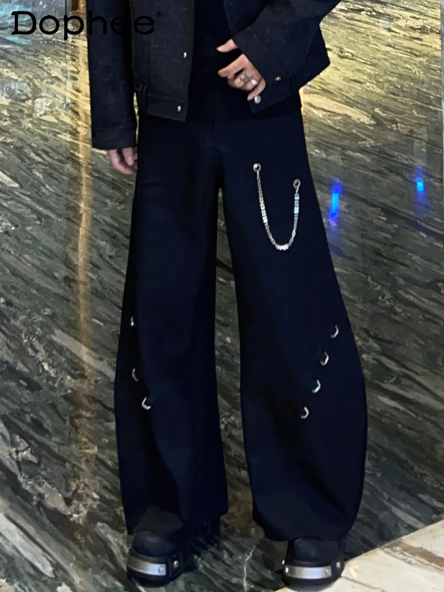 

2025 New American Fashion Trend Black Trousers Heavy Metal Chain Design Versatile Wide-Leg Pants for Men
