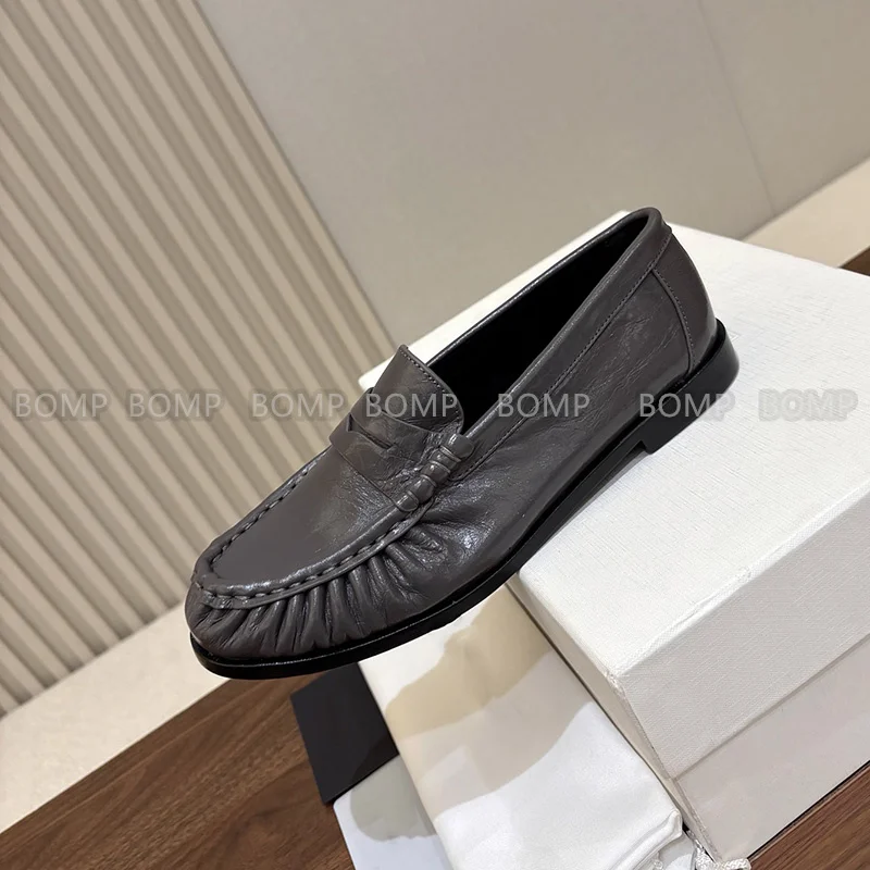 Women Genuine Leather Ruched Penny Loafers, Round Toe Flat Slip On Shoes, Vintage Soft Leather Office Daily Ladies Dress Shoes