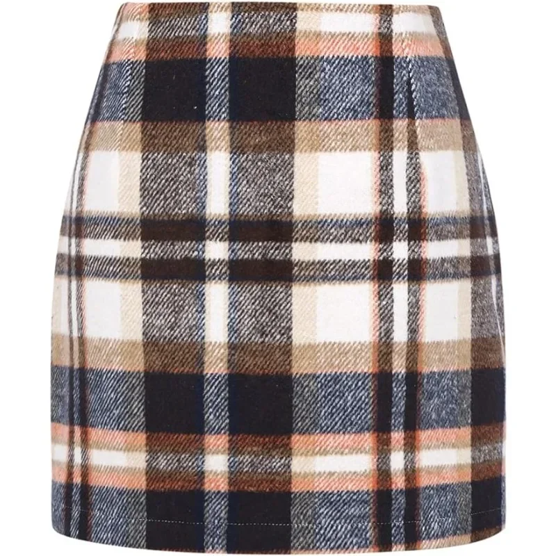 Womens High Waist Plaid Skirt Bodycon Pencil Wool Mini Skirts  Pleated Skirt