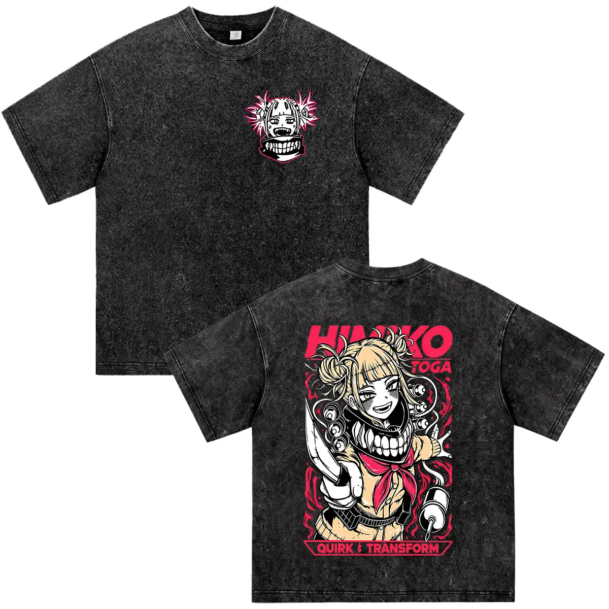 Vintage Washed Anime My Hero Academia Toga Himiko T-Shirts für Männer und Frauen, modische, lässige, kurzärmelige, übergroße T-Shirts
