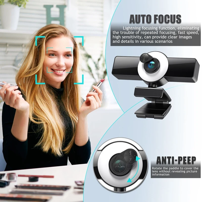 Webcam With Ring Light And Privacy Cover, Auto-Focus, Plug And Play, Web Camera For PC Mac Laptop Desktop Computer