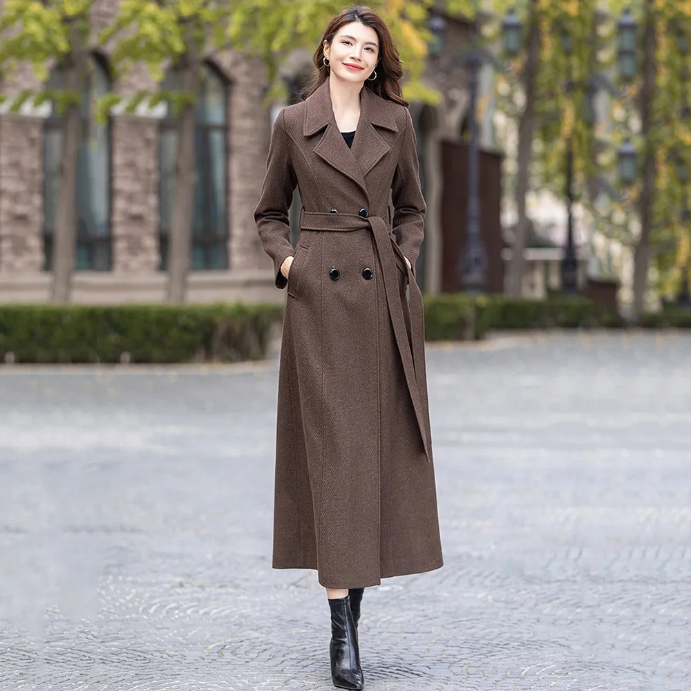 

New Women Autumn Winter Elegant Coffee Woolen Overcoat Simplicity Fashion Suit Collar Double Breasted Slim Wool Blended Coat