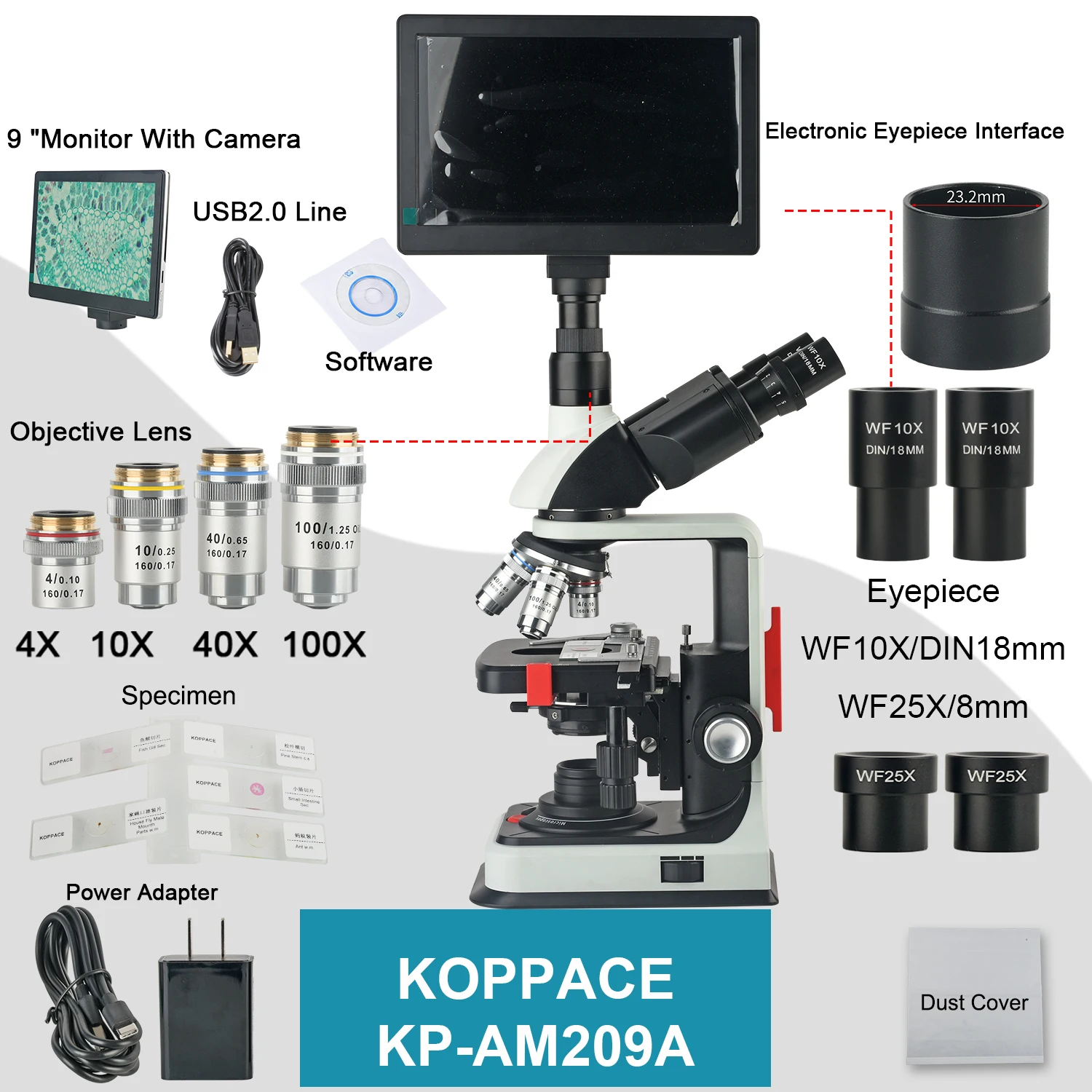 KOPPACE 40X-2500X Electron Biological Microscope 2 Million Pixels 9 