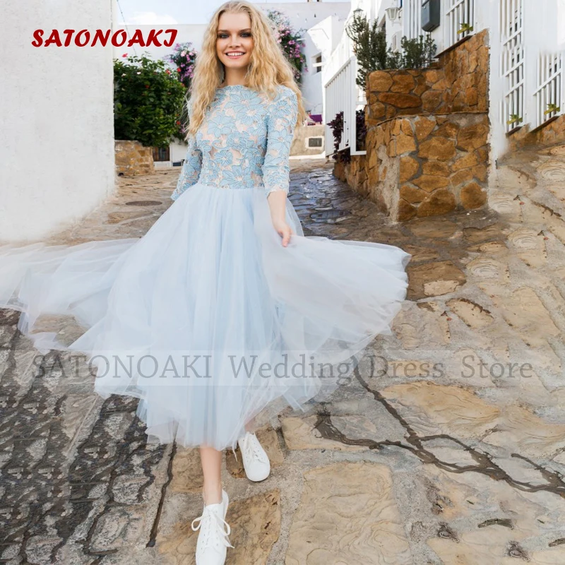 

Elegant Simple Lace Short Wedding Dress for Women O-Neck A-Line Tea Length 3/4 Sleeves Backless Bridal Gowns Vestido De Novia