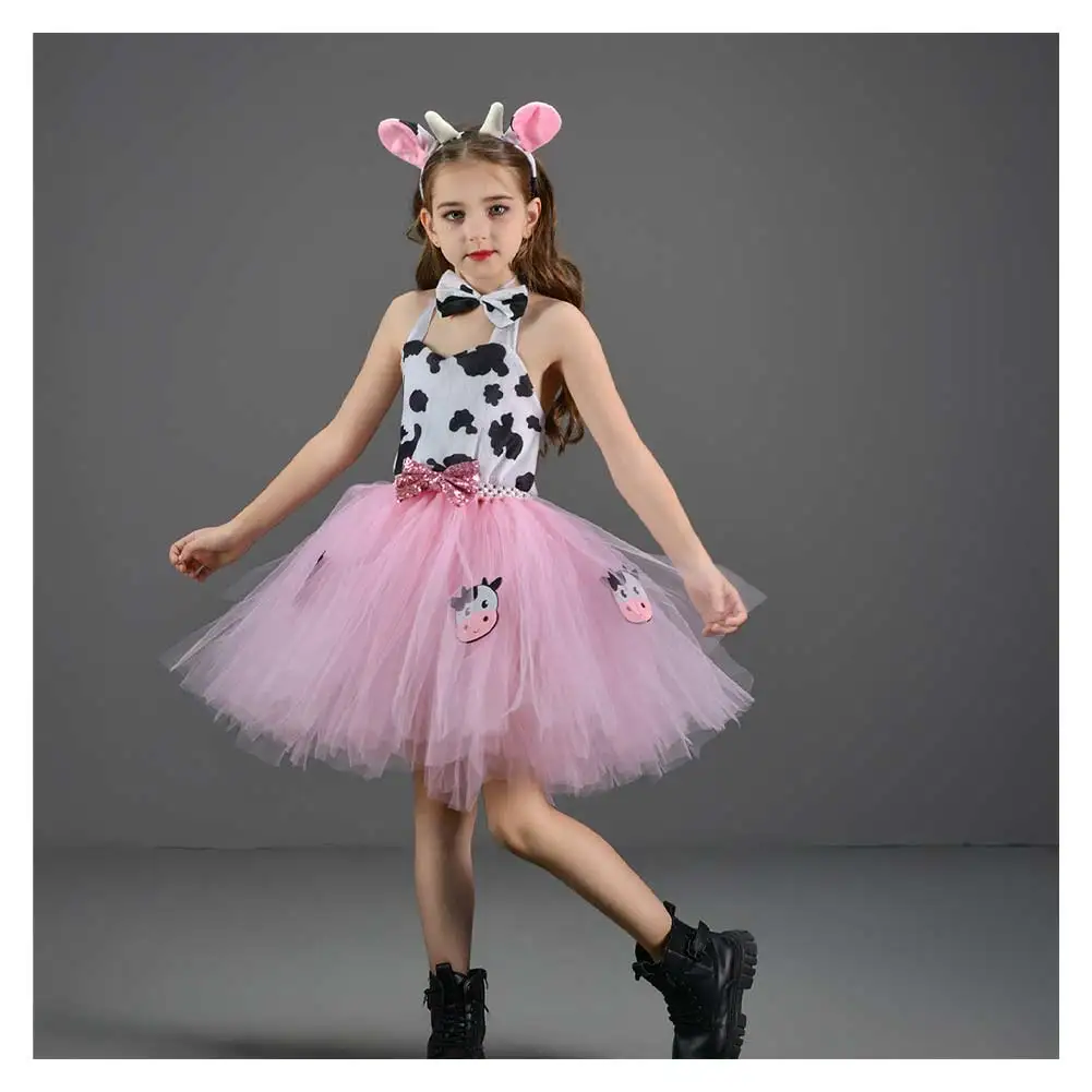 Kids Girls Pink Cow Tutu Dress Cosplay Skirt Mesh Costume Children Performance Stage Suit Outfits Halloween Carnival Party Cloth