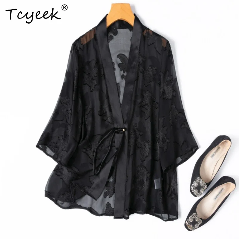 Tcyeek 100% Real Mulberry Silk Woman Tops 2026 Spring Exquisite Traditional Chinese Style Black Tops Woman Clothes Tops De Mujer