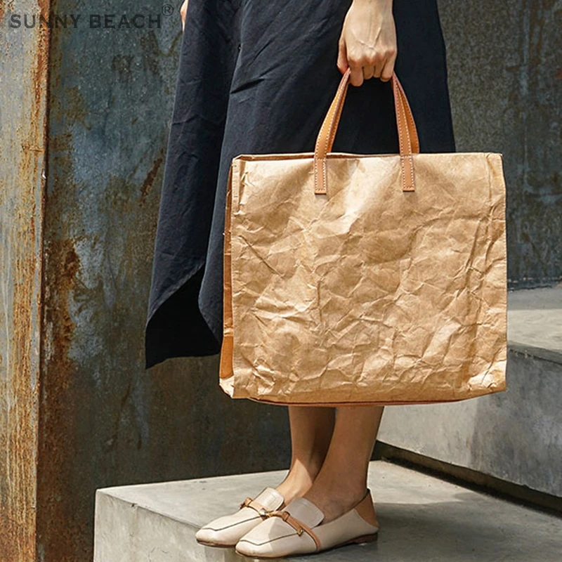 Women Kraft Paper Vintage Single Shoulder Bags Letter Solid Casual Totes Large Capacity Handbags Travel Shopping Bag