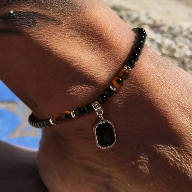 Hip Hop Beaded Anklet Bracelet for Men Black Tiger Stone Pendant Stainless Steel Foot Bracelets Summer Beach Male Jewelry